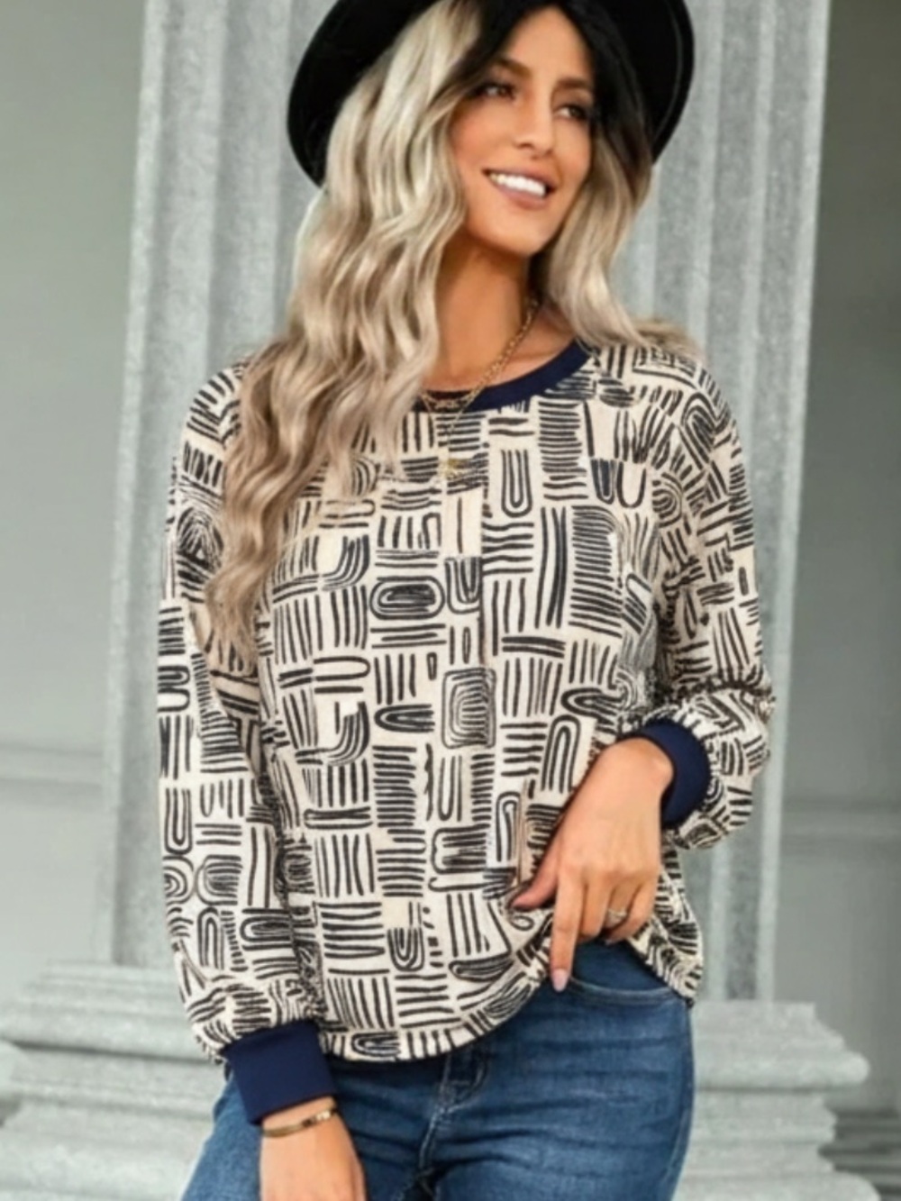 🇨🇦 THIS IS J Bamboo Top Abstract Patterned Black and White • Size Large Canadian